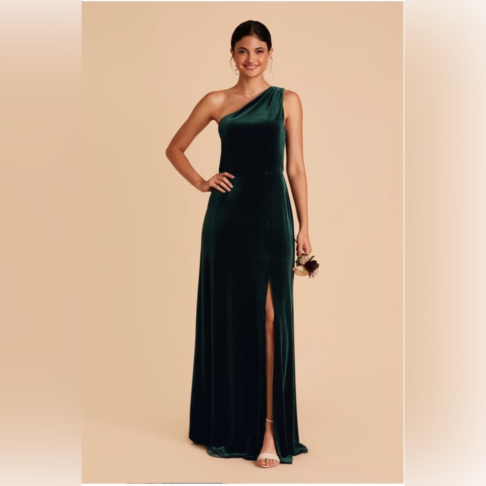 1 shoulder velvet emerald Birdy Grey bridesmaids dress